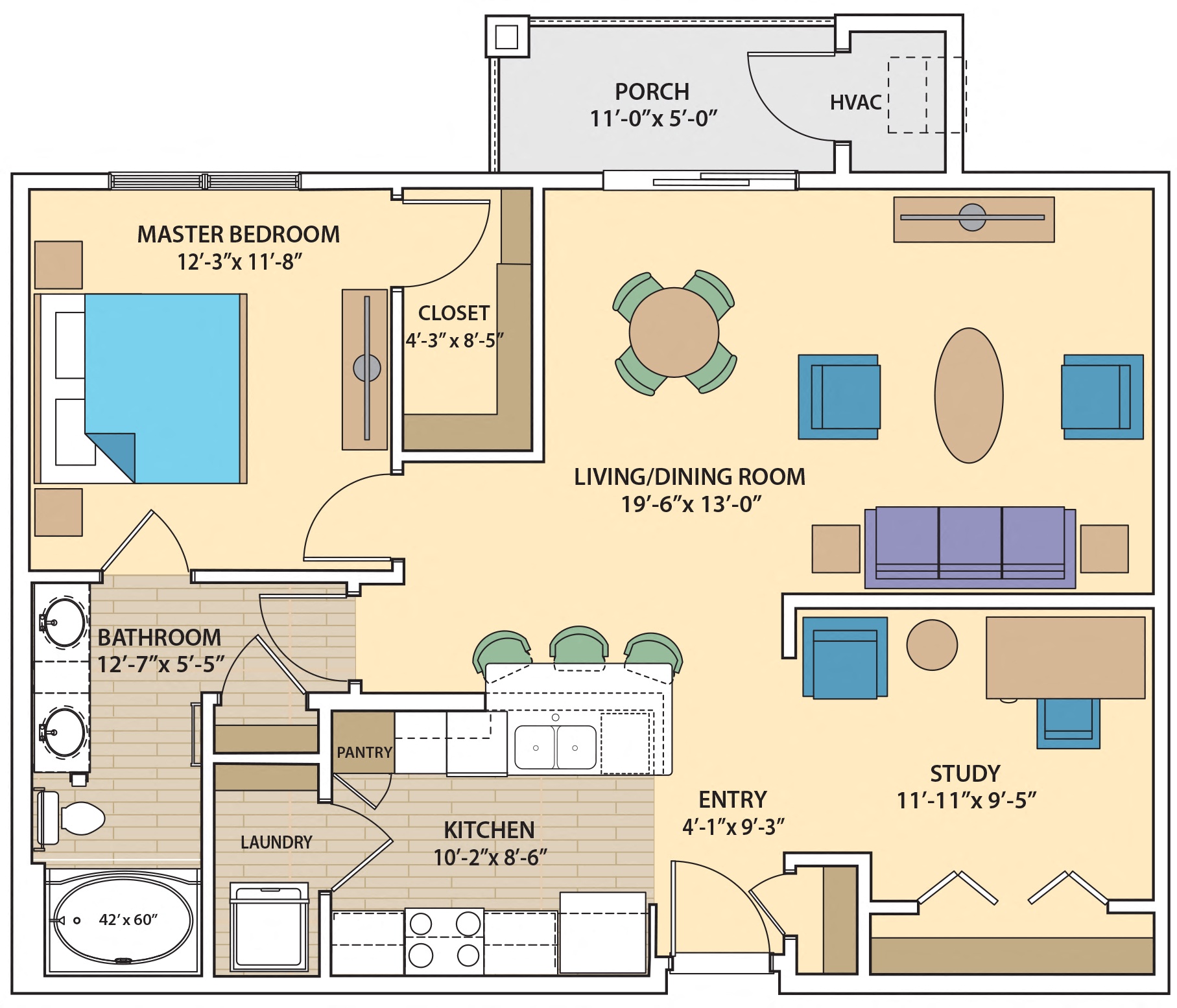 Floor plan for 1 bed, 1 bath, 1024 sqft